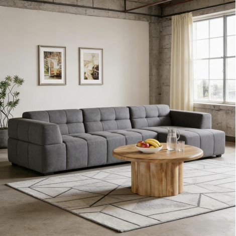 Table basse ronde 80 cm marron en MDF avec pied tambour rainuré (1/5)