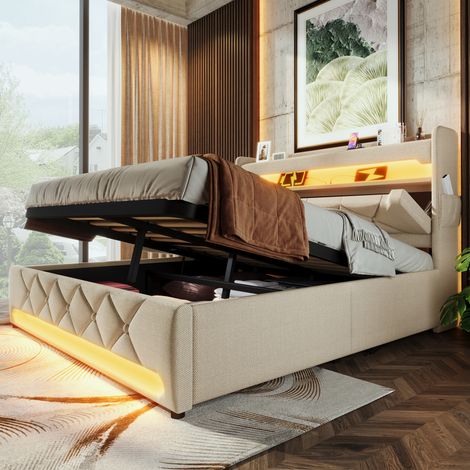 Cama matrimonio 140x190 con almacenaje y LED OKMYHOME (1/5)