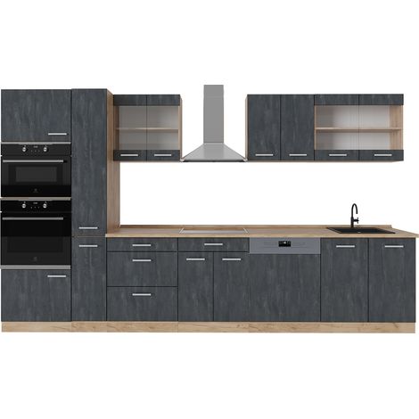 Cuisine R-Line, Béton noir/chêne doré, 350 cm sans plan de travail, Vicco