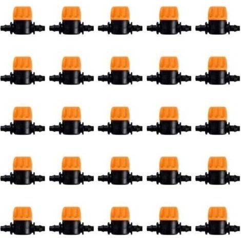 25 Pièces 4/7 Vanne D'irrigation, Mini Valves de Contrôle pour Tuyau d'arrosage 4/7mm, Valves d'arrêt Cannelées 1/4 Pouce Tuyau d'irrigation Goutte à Goutte, Mini Tuyau Vanne d'eau Travers (1/5)