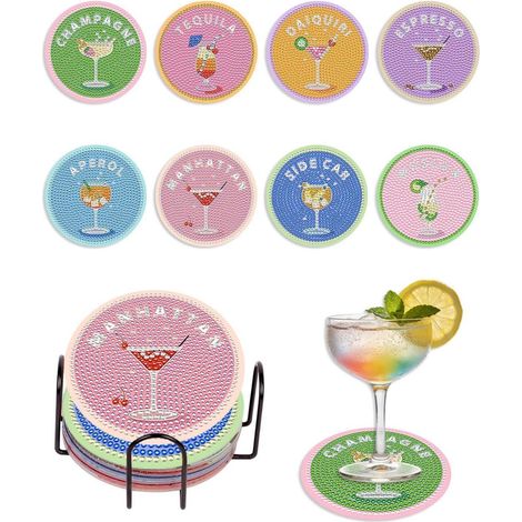 8er Set Diamond Painting Untersetzer mit Ständer, Cocktail Motiv, DIY Bastelset