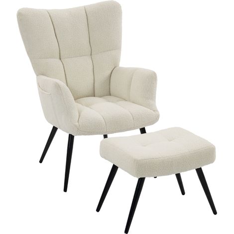 HOMCOM Poltrona con Poggiapiedi in Tessuto Teddy con Schienale Alto, Beige (1/5)