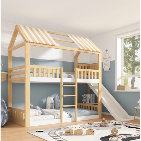 Lit superposé enfant 90x200 cm bois blanc naturel toboggan gain de place MEUBLIV (1/5)