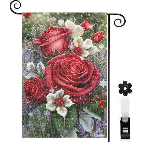 Bannière de cour roses rouges et fleurs de printemps 30 x 45 cm décoration extérieure et saisonnière (1/5)