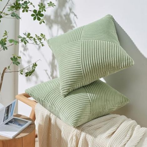 Housse de coussin en velours cotele geometrique patchwork vert pois 40x40cm, fermeture eclair invisible, lot de 2 (1/5)