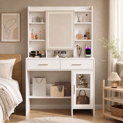 Coiffeuse blanche avec miroir LED 89,8x40x145 cm, table de maquillage avec 2 tiroirs, prises USB, étagères ouvertes et porte vitrée, pour chambre