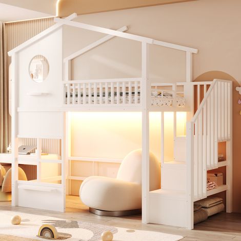Lit superposé, escalier, éclairage LED, espace de rangement, 253 x 98.5 x 222.5 cm, blanc (1/5)