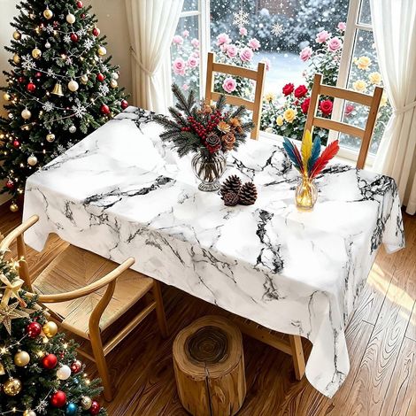 Nappe élégante imprimée en 2D, motif marbre noir et blanc moderne, idéale pour les dîners de fêtes, Noël, les réceptions en extérieur, sur la terrasse ou à la maison. (1/4)