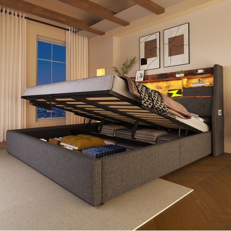 Lit coffre 140x190 cm avec LED et ports USB et Type-C, tête de lit de rangement, en lin, gris, sans matelas (1/5)