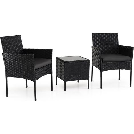Ensemble de mobilier de jardin 3 pièces en rotin noir avec table (1/5)
