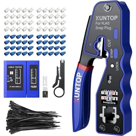 Pince à Sertir RJ45 Kit Pass-Through 8P8C – Compatible Cat5/Cat6/Cat6A/Cat7 Non Blindé Avec Testeur Réseau, 50 Connecteurs, Étiquettes Couleurs, Pour Bricolage & Installation Pro - (1/5)