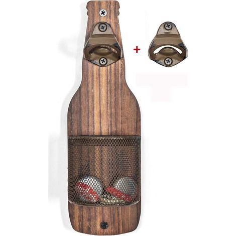 Vintage wooden wall-mounted bottle opener with cap catcher for beer lovers (1/4)
