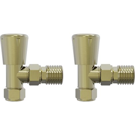 NRG Brushed Brass Round Head Angled Manual Radiator Valves Pair (1/4)