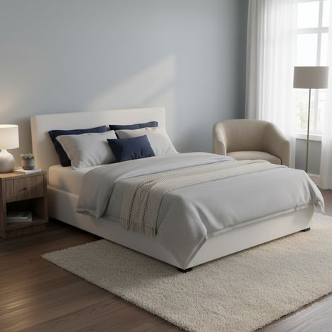 Dmora - Cama matrimonial Dalberg, Cama contenedor con tapizado en ecopiel, 100% Made in Italy, Apertura frontal, con colchón Cm 140x200 incluido, Blanco (1/5)