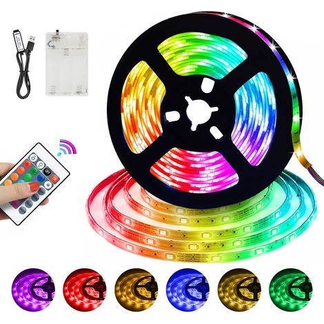 Ruban LED 2M avec bande adhésive, alimentation batterie USB, RGB, LEDs 5050, usage domestique (1/5)
