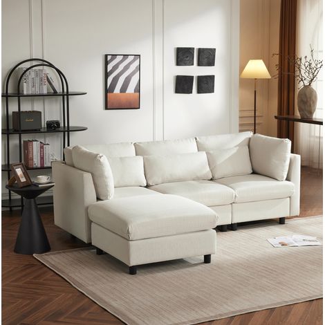 Sofá salón beige con chaise longue y cojines OKMYHOME (1/5)