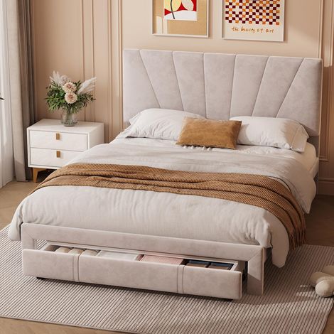 Letto 140x200 cm - letti con cassetti 160x200 - letto per adulti con schienale imbottito - velluto - stile scandinavo - rete a doghe - struttura in metallo - Beige