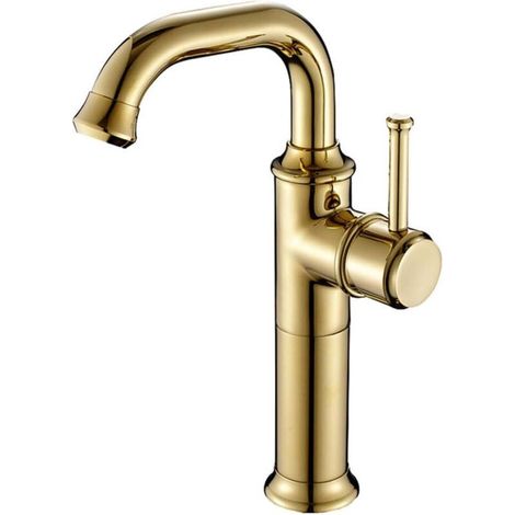 Robinet de salle de bain monotrou à montage sur plage, poignée unique, bec pivotant, pour lavabo, robinet d'eau chaude et à eau froide (or, haut) (1/4)