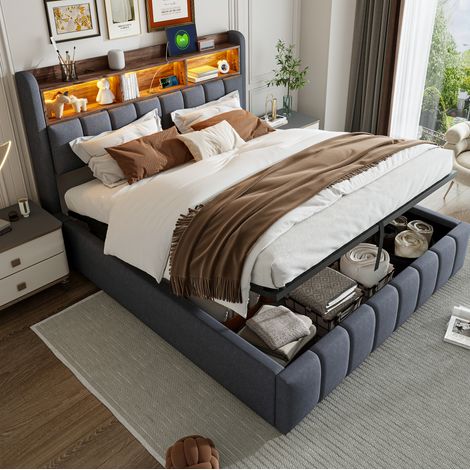 Lit coffre 180x200 gris avec LED, USB et rangement HAVRYA (1/5)