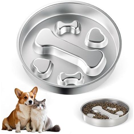 - Ciotola per cani - Acciaio inossidabile - Alimentazione lenta e antiscivolo - Per cani di taglia media e grande - Argento - 22 cm (1/5)