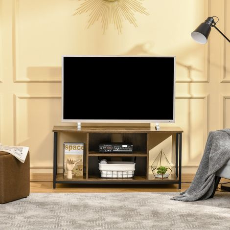 Meuble TV en bois - Adapté à TV jusqu'à 65 pouces, compartiment ouvert + passe-câbles, effet marbre, 140x39x66cm, noyer, salon (1/5)
