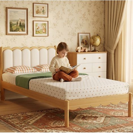 Kinderbett Polsterbett mit Wellen-Design aus Massivholz Beige/Natur 90x200 cm mit PU-Kopfteil und Lattenrost
