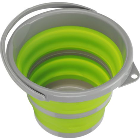Seau pliable avec poignée de transport, facile à suspendre, en silicone vert, petit format, idéal pour le camping et les voyages en voiture. (1/5)