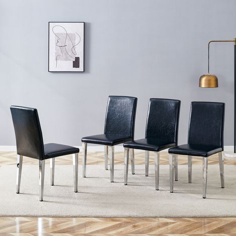 REDOM Set di 4 sedie da pranzo in PU nero con gambe in metallo argento, schienale ergonomico, seduta imbottita