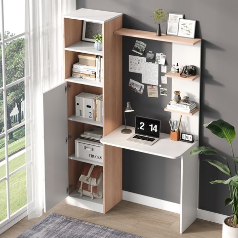 Bureau design blanc avec contraste bois massif, meuble bas à portes et étagère ouverte haute, 123,5x45x168,5 cm, table de travail avec rangement pour espace bureau