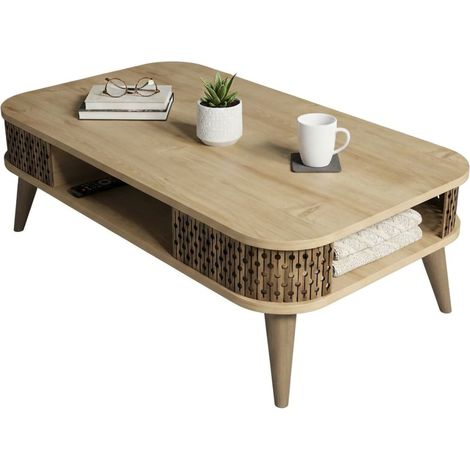 Dmora - Tavolino da salotto Cigno, Tavolo basso da caffè, Portariviste per divano, Ripiano da soggiorno, 105x60h35 cm, Quercia