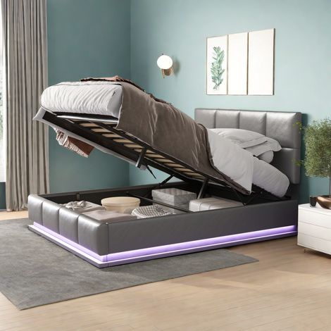 Lit coffre 140x200cm,lit double avec rangement,éclairage LED,tissu cuir,cadre de lit avec sommier à lattes,lit tapissé,lit adulte,gris (1/5)