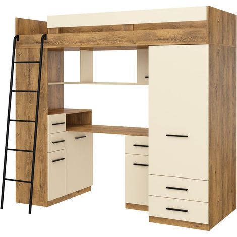 Letto soppalco con scrivania BIM Furniture SMYK L cm110x204x188h Rovere scuro Crema