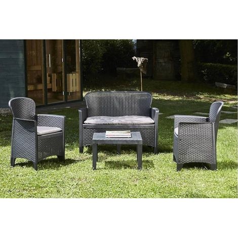 Salotto da giardino per esterno in resina effetto rattan con due poltrone un divano a due posti e un tavolino (1/5)