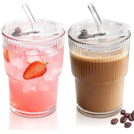 Lot de 2 Verre,Couvercle,Paille,400 ML,Verre,Bureau,Maison (1/5)