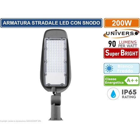 UNIVERSO PROIETTORE FARO ARMATURA STRADALE LED 200W CON SNODO INCORPORATO DA ESTERNO IP65 LUCE BIANCO FREDDO 6500K (1/4)