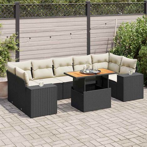 Ensemble Salon Jardin 8 Places Noir Résine Tressée avec Table Acacia et Coussins Crème - Stockage Intégré (1/5)