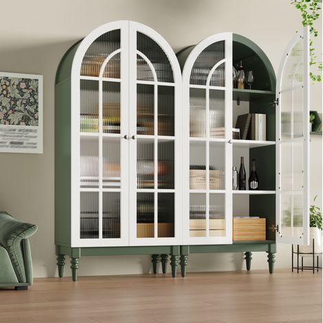 Lot de 2 vitrines 76x38,5x165 cm avec portes en verre rainuré, 3 étagères, MDF vert et métal (1/5)