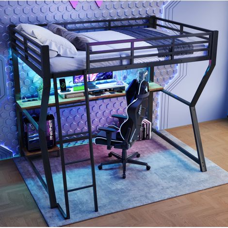 MEUBLIV Hochbett 90x200 cm Schwarz mit Schreibtisch, LED, USB-Anschlüssen, ohne Matratze (1/5)