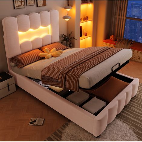 Cama con espacio de almacenamiento tapizada en terciopelo rosa 90x200 cm con LED y cabecero ajustable (1/5)