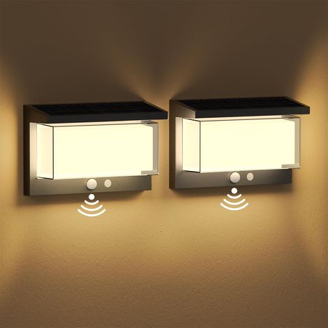 2 Pièces Applique Murale Solaire Lampe Solaire Extérieure Détecteur Mouvement IP65 3000K blanc chaud Allumage Extinction Auto (1/5)