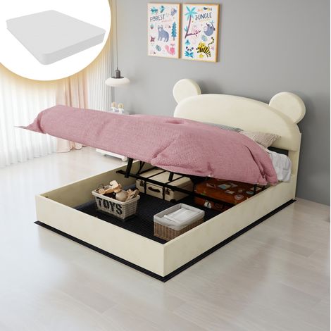 Lit rembourré moderne beige 140x200 cm avec tête de lit douce, coffre relevable à vérin et matelas inclus (1/5)