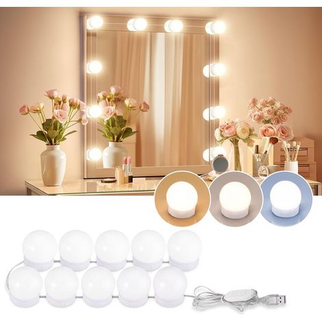 Éclairage miroir de style Hollywood, équipé de 10 ampoules à intensité variable, 3 réglages de lumière, adhésif, couleur et hauteur réglables. (1/5)