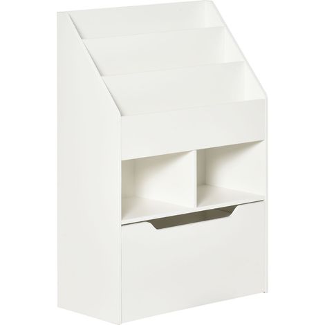 Bibliothèque de rangement 3 niveaux, 2 compartiments et grand tiroir en bois blanc (1/5)
