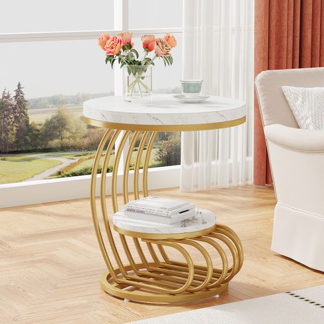 Table d’appoint ronde dorée – 2 niveaux avec plateau effet marbre et étagère de rangement, table de chevet moderne blanc et or (1/5)