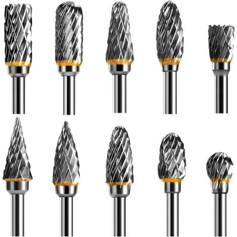 Jeu de fraises rotatives 10 pièces – Acier carbure de tungstène double tranchant – Pour gravure, polissage, sculpture – Tige 1/8” (1/5)