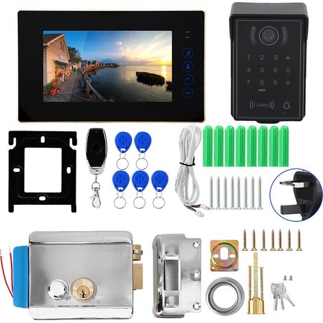 Clavier tactile filaire 7 pouces avec téléphone vidéo, sonnette, télécommande par carte et serrure électrique (prise UK) (1/5)