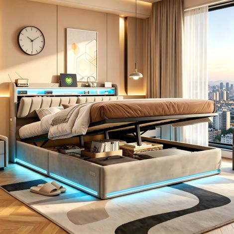 Lit 160x200 coffre-lit double adulte en hydraulique avec LED et USB-Cadre de Lits Capitonnée 2 Personnes-tête de lit rangement en velours-Gris, sans matelas-MDF-avec barre de maintien pour matelas (1/5)
