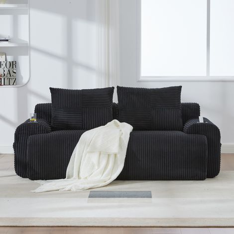 Divano 2 posti 200/99/80 cm nero in corduroy con portabicchiere, tasca laterale e comfort ergonomico (1/5)