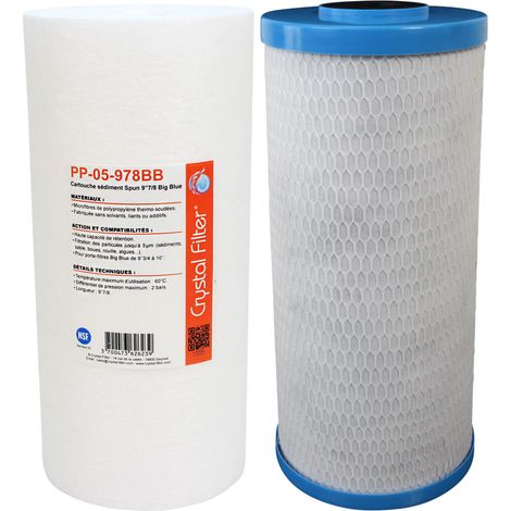 Crystal Filter – Kit cartouches Big Blue pour filtration eau – 1 cartouche sédiment 5µm – 1 cartouche charbon actif 10µm – Compatible WaterKalk, Big Duo, ProKalk (1/4)