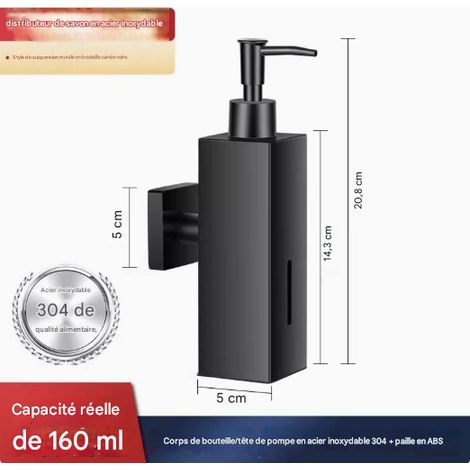 Distributeur de Savon Mural en Acier Inoxydable 304 - Noir Mat - Réutilisable et rechargeable